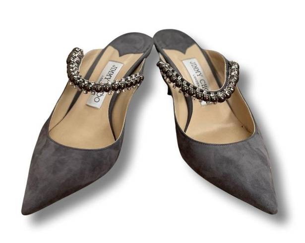 Jimmy Choo  Grey Suede Bing Crystal Embellished Mules Size 37