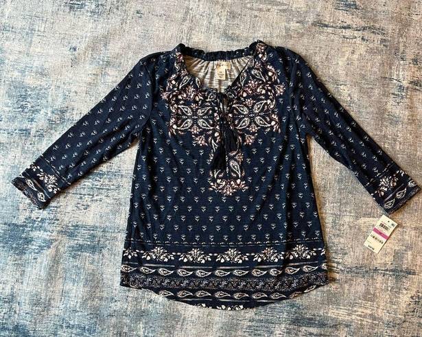 Style & Co NWT!  Desert Wind Bohemian Navy Peasant Style Blouse Petite Small