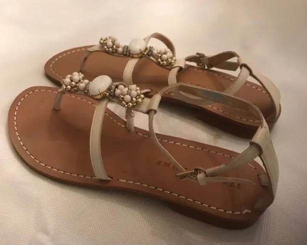 Ivanka Trump  Pepin Ivory Leather Sandals with Bead Embellishment