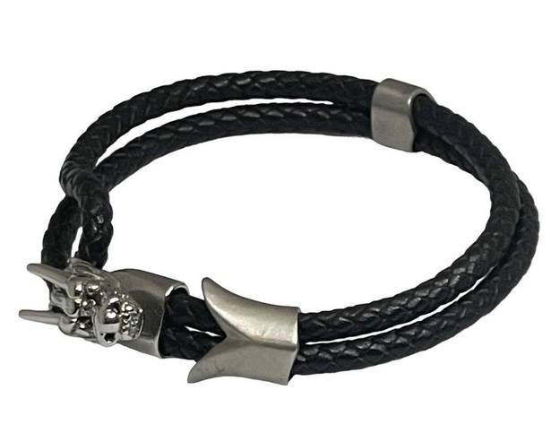 The Row Steeltime  Dragon Double Braided Leather Bracelet  Black Silver  Unisex