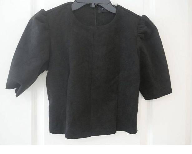 Tahari  Faux Suede Puffed Sleeves Crop Top Black Size XS