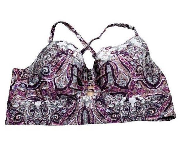 Cacique Swim By  Paisley Underwire Longline Bikini Top Size 44D Purple Blue Tan