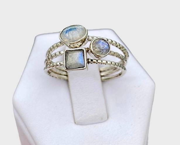 Sterling Silver Rainbow Moonstone Stacker Ring Trio - Sz 9