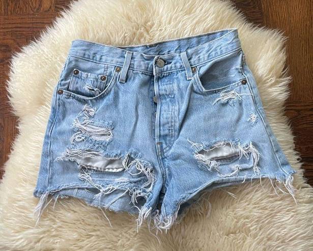 Levi’s  501 high rise big E light wash distressed jean shorts