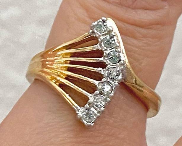 Vintage 18K HGE Gold plated Clear Stone Fan Ring Size 7