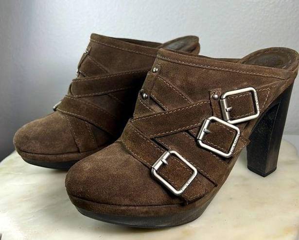 Juicy Couture  Y2K Taupe Suede Leather Heeled Mule Bootie Chunky Buckles Size 8.5