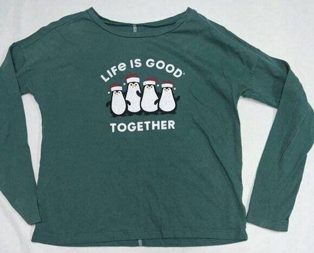 Life is Good  Sleep Shirt Womens Extra Small Christmas Penguins Long Sleeve Green