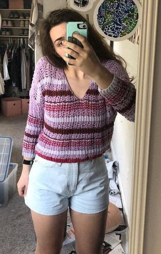 Urban Outfitters purple striped v-neck cropped crochet sweater