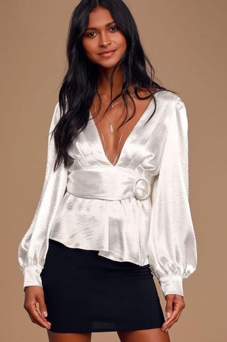 Lulus White Satin Belted Long Sleeve Top