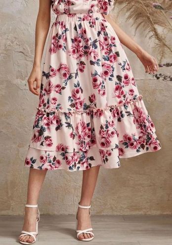 SheIn Pink and White Floral Ruffle Hem Midi Skirt Size Medium