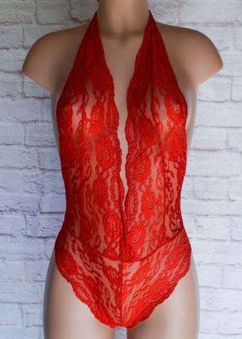 Boutique Red, Contrast Lace, Lingerie Bodysuit
