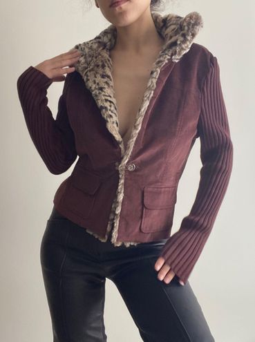 Bandolino Brown  Vintage Faux Fur Trim Collar Jacket