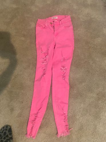 Neon Pink Distressed Skinny Jeans 