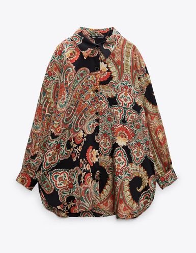 ZARA Zera Boho Printed Bohemian Oversize Satin Effect Button Up Shirt ...