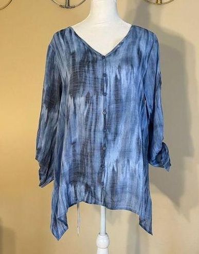 Zac and Rachel Blue Dark Gray Semi Sheer Half Sleeve Sharkbite Blouse ...