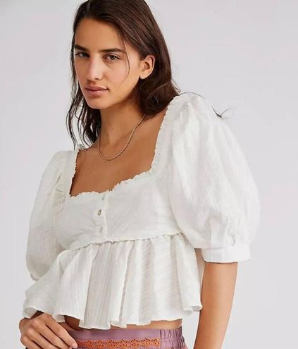 Free People White Leave It To Me Top (Babydoll Puff Sleeve Peplum Top ...