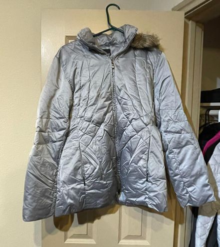 a.n.a Womens Silver Hooded with Faux Fur Quilted Zipper Winter Jacket Coat