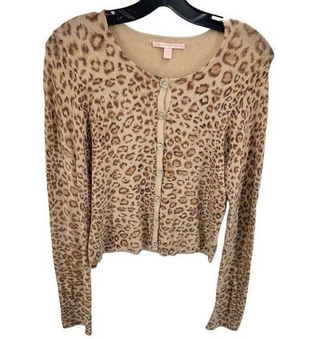 Rebecca Taylor  Womens Cardigan Sweater Silk Cashmere Animal Print Tan Medium