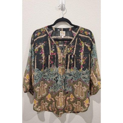 Anthropologie FIG & FLOWER Floral Green Sheer Embellished Shirt ...