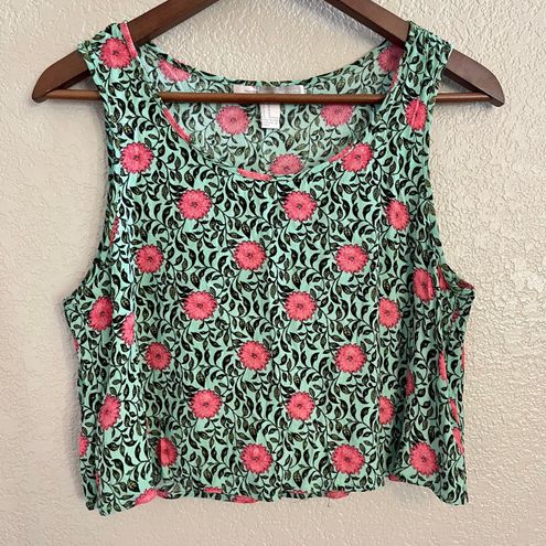 Forever 21 F21 Green Pink Floral Print Cropped Tank Top, Size M