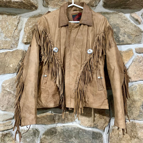 Tan/Brown Western Fringe Leather Jacket Grunge Cowboy Aesthetic Neutral ...