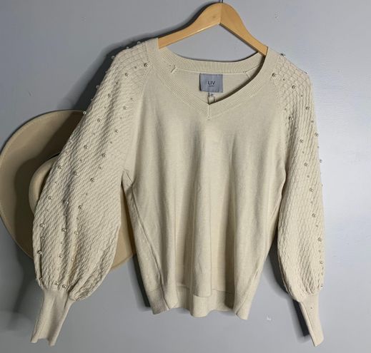 Nordstrom NWT Liv Milano V-Neck Pearl Cable Knit Balloon Sleeve Sweater ...