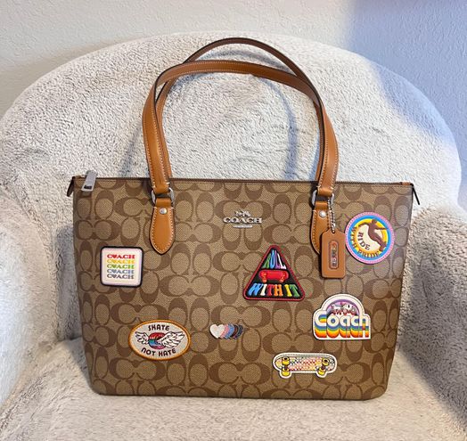 Coach Gallery Tote In Signature Canvas With Patches CJ603 Brown Size ...