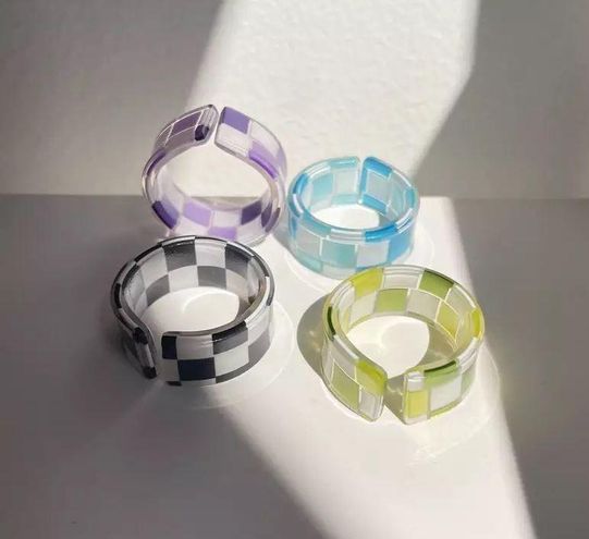 Boutique Korean Checkerboard Gingham Plaid Acrylic Open Ring Set of 4
