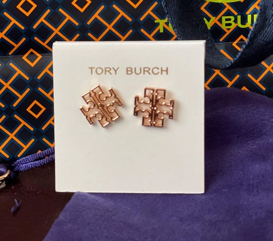 Tory Burch NEW BRITTEN LOGO ROSE GOLD STUD EARRINGS WITH POUCH - $65 ...