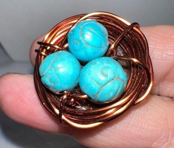 Vintage Copper Wire and Turquoise Bead Bird Nest Brooch