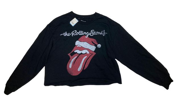 Rolling Stones Christmas Santa Hat Logo Cropped Sweatshirt Size XL Black