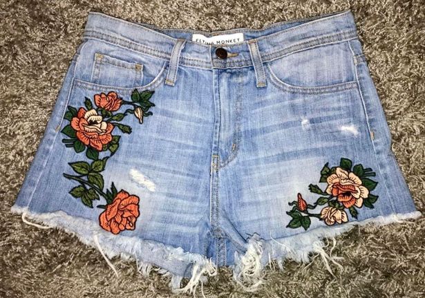 flying monkey Embroidered Flower Jean Shorts