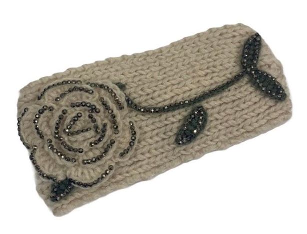 Crochet Rhinestone Rose Winter Headband 