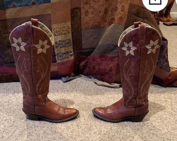 Acme Vintage  Brown tall Cowboy Western Boho Boots with Tan Flower