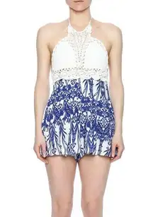 Luxxel Crochet Upper Blue White Printed Halter Romper Women's Size Medium M