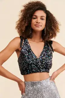 Free People Black Big Night‎ Sequin Crop Tie Shoulder Top Size Small