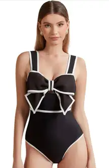 FLAXMAKER Black and White Swimsuit Bow-tie Decor One Piece Bathing Suit medium