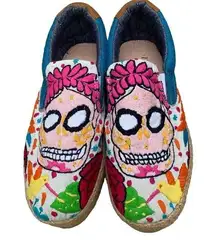 Sugar Skull Artsy Embroidered Slip on Shoes Sz 6 Espadrille Handmade Goth Unique