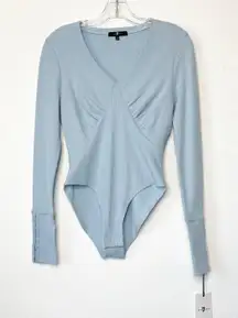 Ribbed Long Sleeve Bodysuit Size Small Light Blue V-Neck