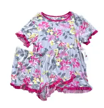 Short Sleeve Ruffle Pretty Pajama PJ Set S 4 6 Gray Pink Floral