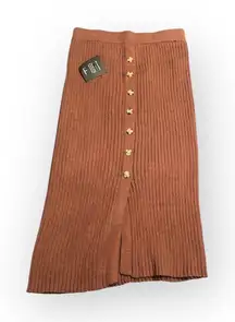 Lulus Ribbed Midi Skirt Women's Large Brown Button Stretchy Slit Elastic Waist