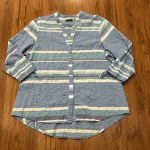 Habitat Top Womens Large Striped Shirt Blue White Lagenlook Button Down Tunic