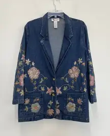Maggie‎ Sweet Blue Vintage Black Jean Jacket Embroidery Floral - Size PL