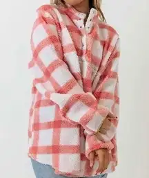 Andree By Unit‎ Sherpa Pullover Sz 2X Pink Plaid Button Up Comfy Cozy Oversized