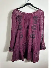 Free People Boho Sheer Plum Lace Mesh Swiss Dot Tunic Blouse Sz XS