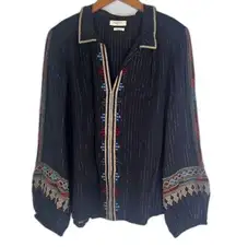 BA&SH Mija Embroidered Metallic Bishop Sleeve Boho Black Blouse Size 3