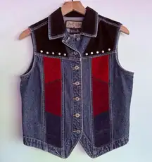Vintage 70s Carole Little Street Wear Denim Vest Patchwork Western Boho Hippie M