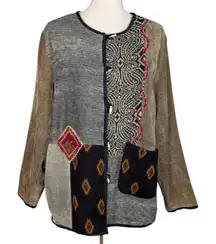 White Stag Patchwork Chenille Jacket L Boho Artsy Textured Button Front Coat