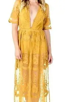 ✨ Sohcue Women’s Gold Lace Romper Maxi Dress Small