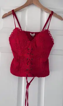 Meraki Red Crochet Lace Corset Top Bustier Festival Boho Tie Front Size Medium